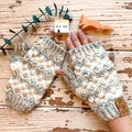Hand Knit Merino Wool Fingerless Mitts: Light Brown or Wheat and White Pomona Mitts