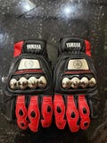 Yamaha Racing Style Leather Motorcycle Gloves | Black Red Biker Riding Gloves with Armor Protection | Sportbike Race Gear