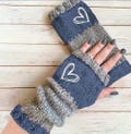 Retro Heart Embroidered Fingerless Gloves Color Block Warm Fall Winter Gloves