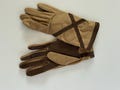 Vintage driving gloves, khaki knit fabric gloves with leather palms