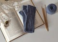 Blue denim cashmere fingerless gloves for woman, ladies knitted texting mittens in casual style, pure cashmere hand warmers adult size