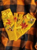 Mustard Yellow Fingerless Mittens – Hand-Knitted with Autumn Embroidery