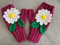 Hand Knitted Dark Pink Gloves With Large Crochet Daisies And Green Leaves
