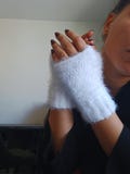 Handmade Fingerless Gloves, White Winter Mittens: Crocheted with Soft Silky Touch Yarn