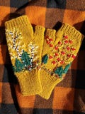 Embroidered Wool Fingerless Gloves: Autumn Forest Design