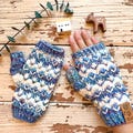 Hand Knit Merino Wool Fingerless Mitts: Blue and White Pomona Design