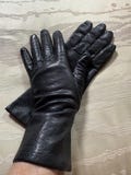 Vintage black leather acrylic lined woman's gloves 7 1/2, woman's larger hand black leather gloves, Fownes 7 1/2 black driving gloves